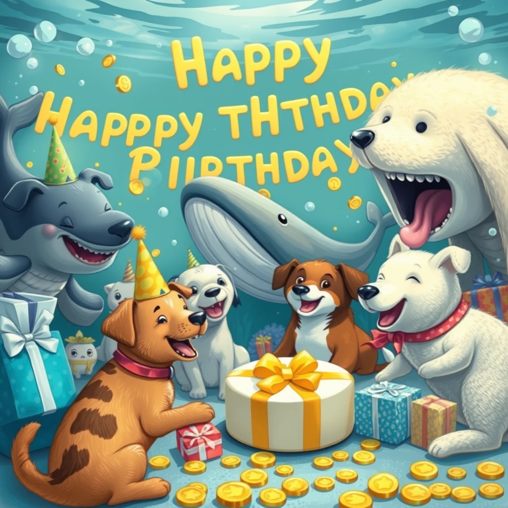 Animals are celebrating a birthday, there are dogs, there are whales, there are many gifts, the atmosphere is cheerful, and the background is underwater, with gold coins inside. - Image