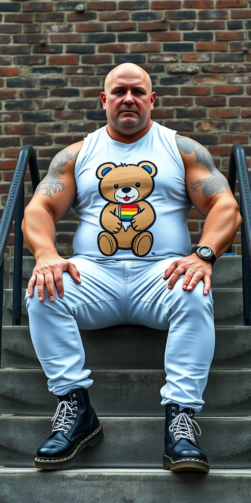 A towering, muscular 60-year-old skinhead sits confidently on concrete stairs, his gleaming bald head contrasting with his light skin. Clad in a striking white graphic t-shirt with a logo of a teddy bear holding a gay flag, tattooed arms flex beneath the sleeveless fabric. Tight bleached denim trousers highlight his powerful legs, complemented by knee-high Dr. Martens boots with white laces. The rugged brick wall and metal handrails create an industrial backdrop, enhancing the imposing presence of this behemoth.