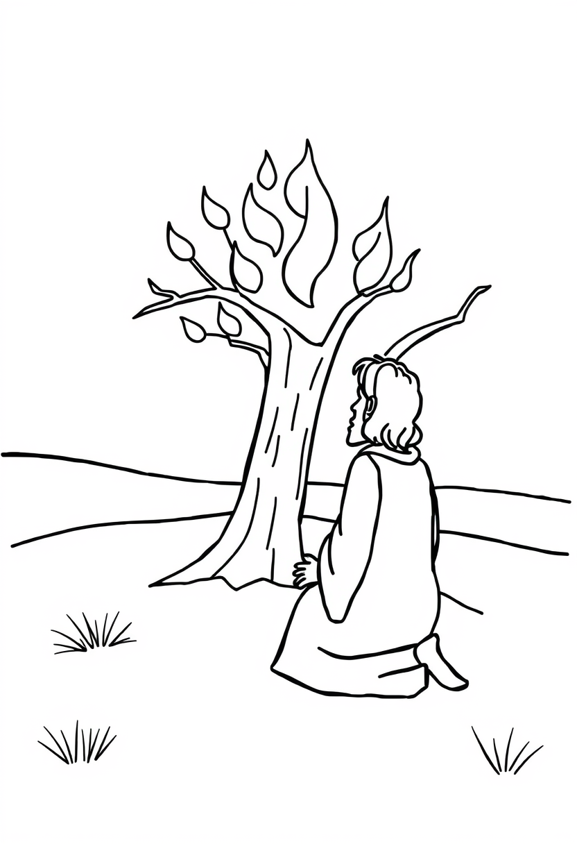 Coloring book page. Simple black and white illustration of Moses and the burning bush: Draw Moses as a stick figure kneeling before a bush. The bush should have flame-like patterns emerging from its branches. Include simple lines to represent a desert background. Line art vector style, white background, black and white drawing, sharp black lines. - Image