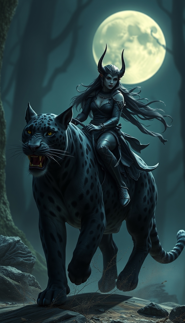 "Night elf riding a black leopard, realistic style, ultra-high definition quality."