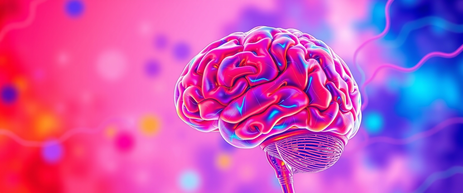 A colorful, abstract image of a brain with red and blue lines.