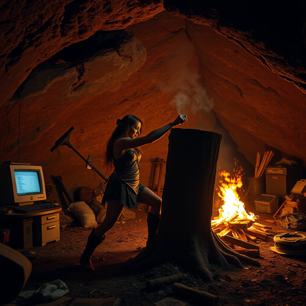 Real-life photography: At night, in the cave, there is a female barbarian punching a tree stump. The cave is very large, with a bonfire, a 90s desktop computer, and some messy household items.