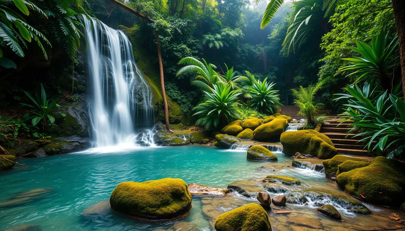 'rfall, cascading, clear water, lush greenery, high quality, photorealistic, hidden oasis, serene, rainforest, breathtaking, secluded::0.8 moss-covered rocks, tropical plants, natural pools, jungle trails, mist, ' - Image