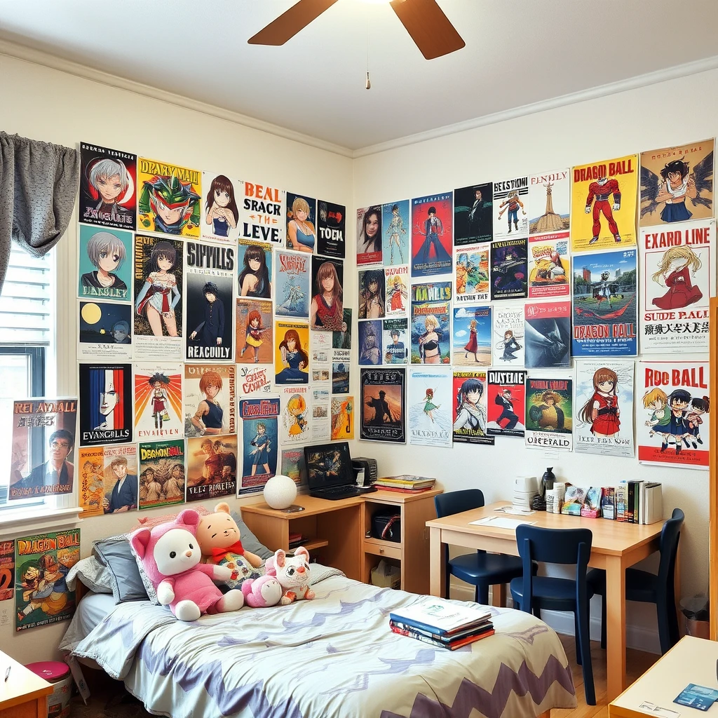 In a room, one wall is covered with many posters, including those of Rei Ayanami, Asuka Langley, Neon Genesis Evangelion, Dragon Ball, Rurouni Kenshin, Masakazu Katsura's Video Girl Ai, Castle in the Sky, and more. It is a girl's bedroom, which has a window, a bed, and a table with chairs. There are plush toys on the bed, and some school supplies on the table.