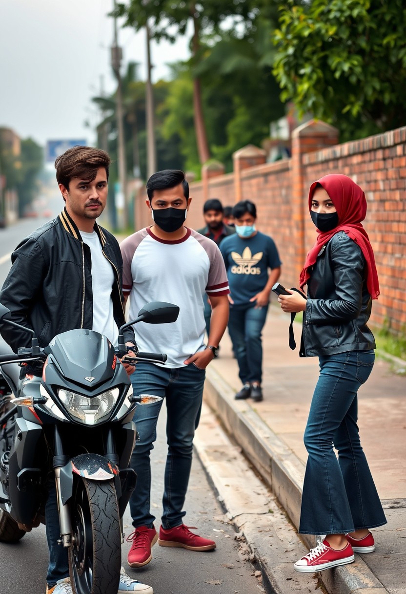 Jamie Dornan and Freddie Prinze, head and body shot, handsome, young, serious face, dark brown-haired, white T-shirt, college jacket, skinny jeans, sneakers, standing, discussing with two guys and a young Muslim girl wearing a short red hijab, beautiful eyes, black face mask, black leather jacket, bell-bottom jeans, red sneakers, holding a Canon DSLR camera, near a town road, superbike, hyper-realistic, street photography, brick wall, full-body photo, with three other random friends in the back.