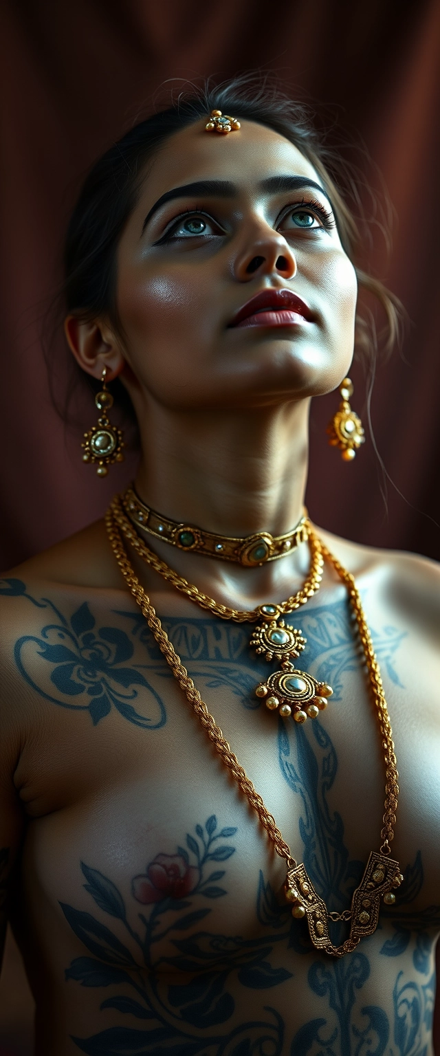 Random shot of a tattooed body of a white-skinned Indian woman with beautiful facial features and blue eyes, wearing gold ornaments and looking upwards. - Image