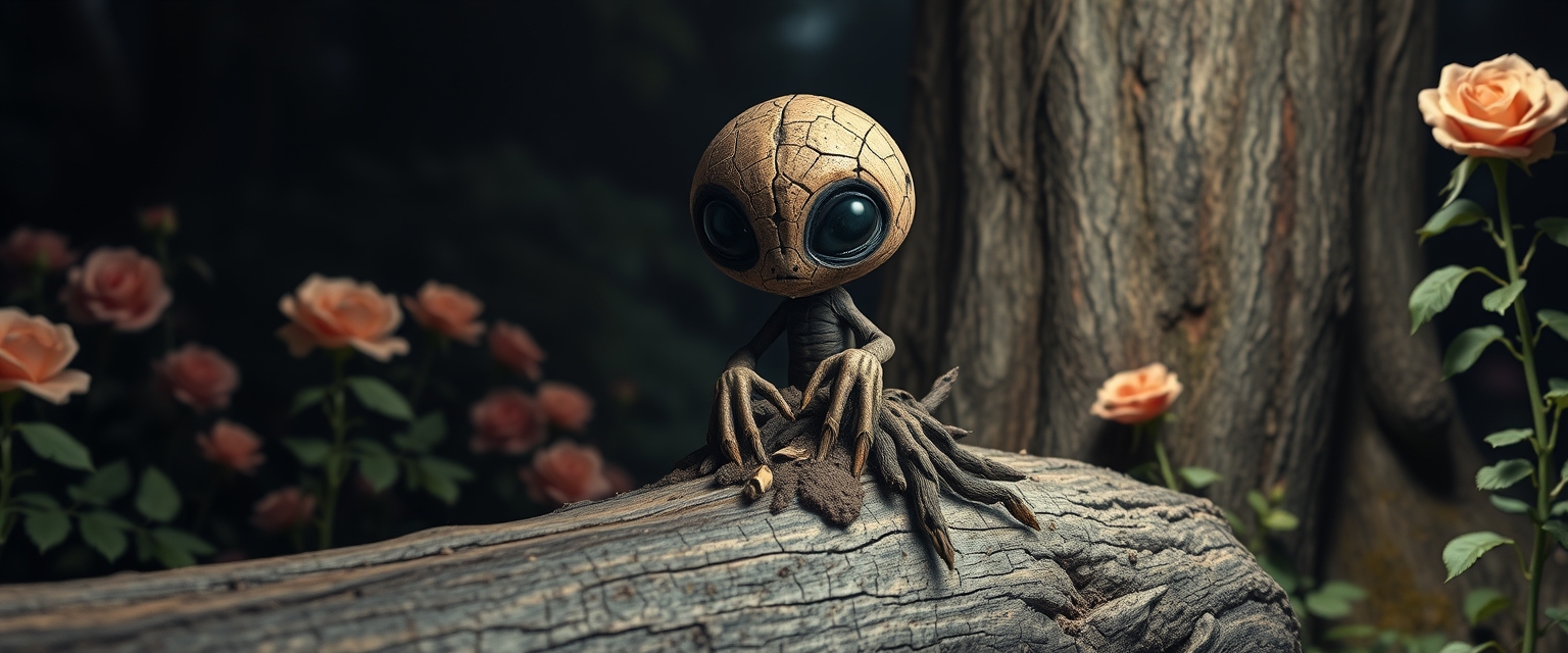 Little cute cracked wood alien void creature, charred, long wooden petals and mud, sitting on top of a log, lush garden, roses, lurking behind tree, ultra large black dot eyes, night scene, backlit, by [Alexander Archipienko, Wendell Castle, Picasso], fantasy art, abstract, surreal. - Image