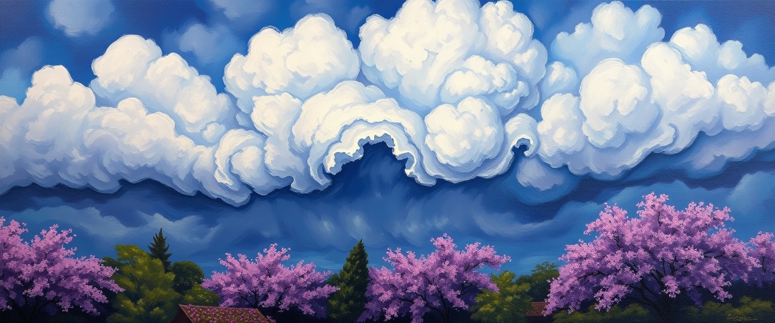 Oil painting of a sky, the sky is very detailed, a huge storm is brewing, purple vista, Sakura garden. - Image