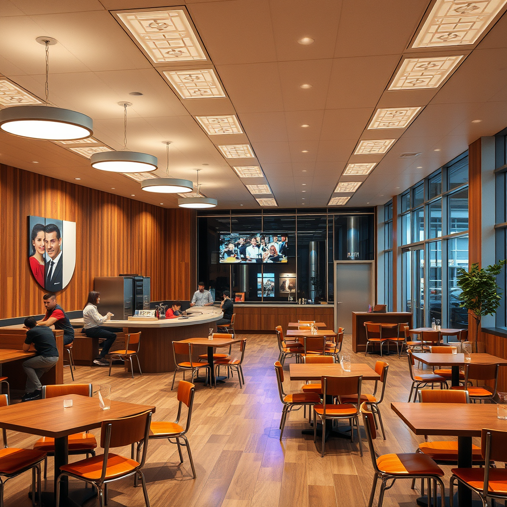 interior, company cafeteria, modern, wood panel, movie scene, colorful