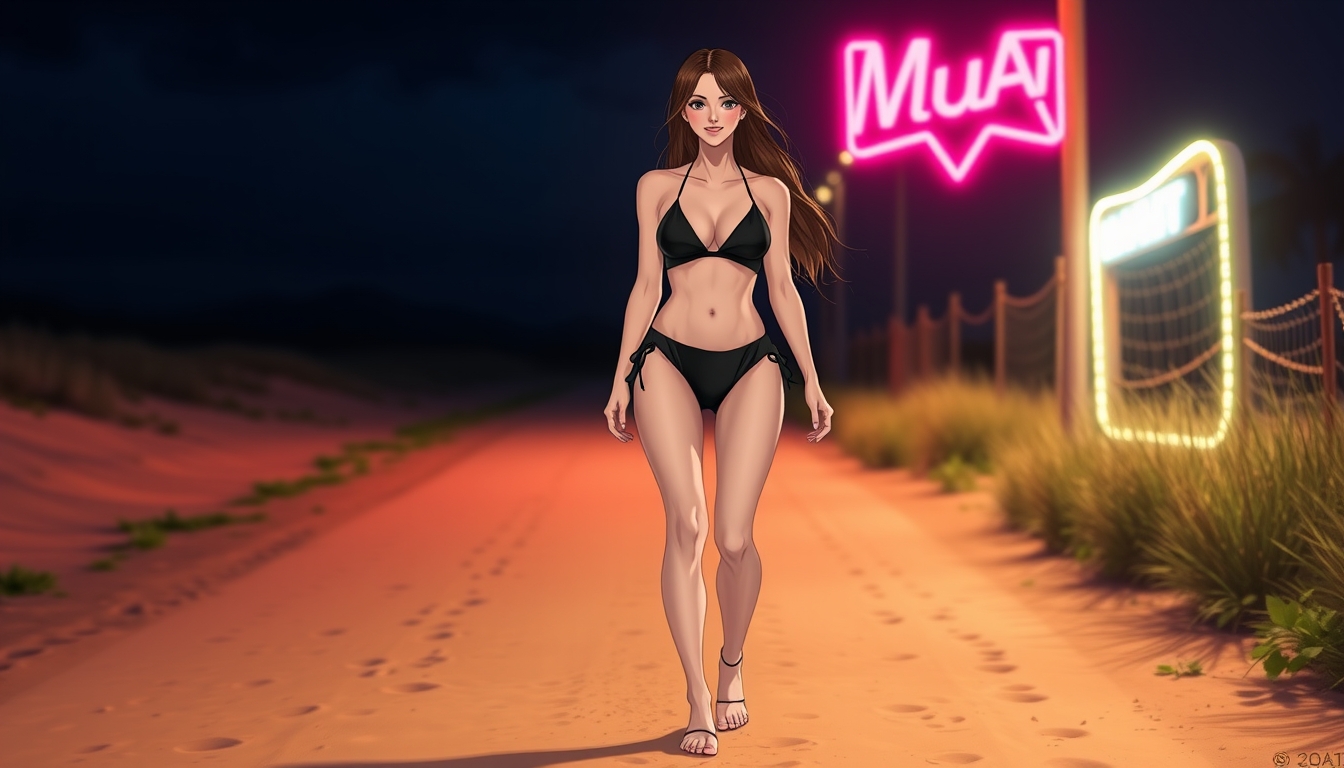 A beautiful Caucasian brunette girl with long hair wearing a black bikini is walking on a sandy country road, barefoot, smiling. She has a model body type, it's night, and there are neon lights. Her bellybutton is pierced, and she has no tattoos, depicted in an anime style. - Image