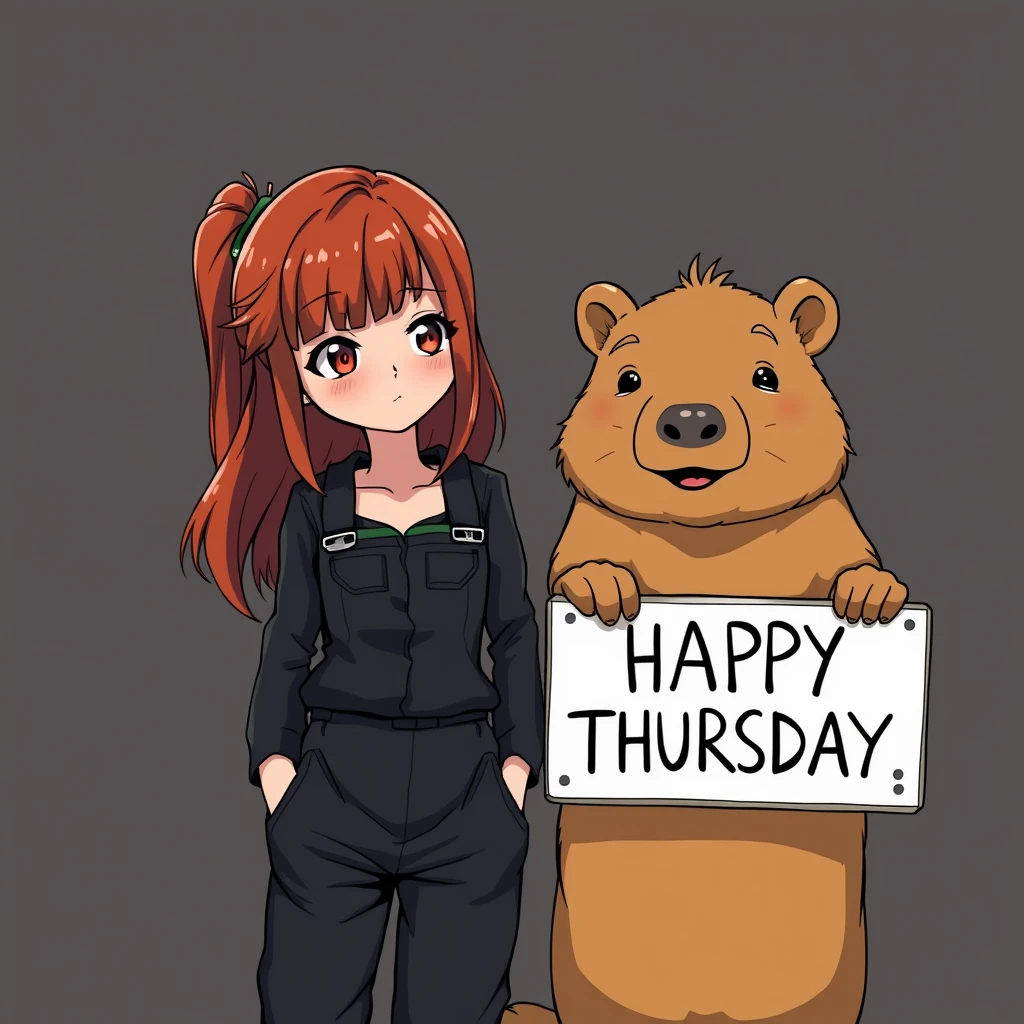 Redhead girl in jumpsuit with a capybara holding a sign that says "HAPPY THURSDAY" dark sci-fi anime style.