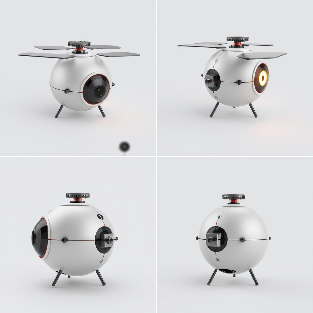 A creative spherical flying machine, resembling an eye, with police elements, full of compression, rendering, 3D modeling, industrial product design, shown from different angles, three views, four views, front, side, bottom, eye-catching appearance color, glowing aperture, 3D rendering, blender rendering, UE5 rendering, model, metallic luster, simple and smooth shapes, excellent clarity, the best image quality. - Image