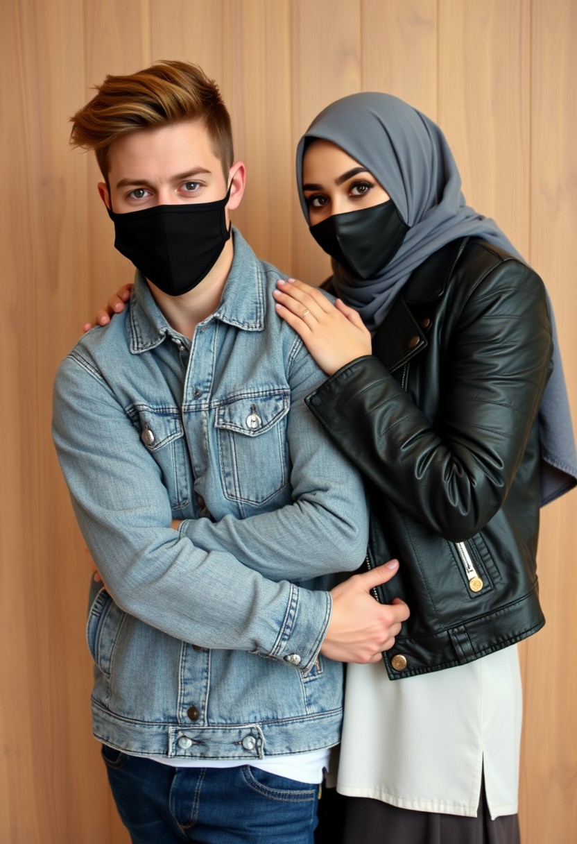 Jamie Dornan's head and body shot, handsome, black face mask, denim jacket, jeans, dating, love couple, hugging, with the biggest grey hijab Muslim girl, beautiful eyes, black face mask, black leather jacket, biggest skirt, hyper-realistic, studio photography, wooden wall.