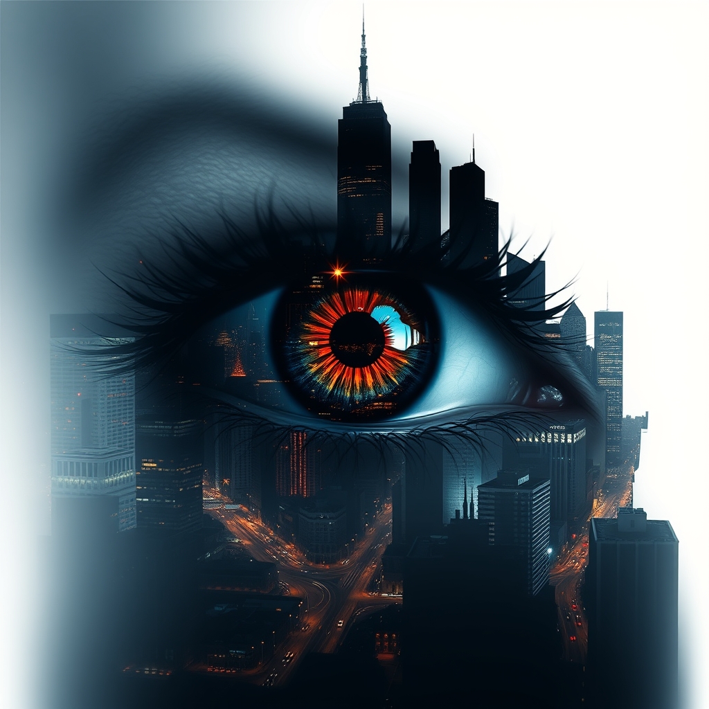 Stunning image of a woman's eye, fused with an abstract, vibrant city silhouette at night, with city lights sparkling on high-rise skyscrapers and bustling streets; iris dilated. The eye is surrounded by a strong white void that creates a striking contrast and adds depth and intensity to the overall picture, hyperrealistic, digital, structured, surreal, gloomy, and mysterious.