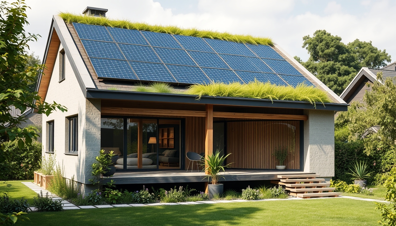 Modern eco-friendly house with solar panels, green rooftop, and sustainable materials.