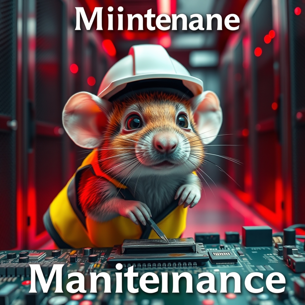 A small mouse with a hard hat and high visibility vest is repairing a circuit board; the mouse has a serious look in his eyes. The background shows a server room with only red emergency lighting and red ambient lighting. The text background says "Maintenance."