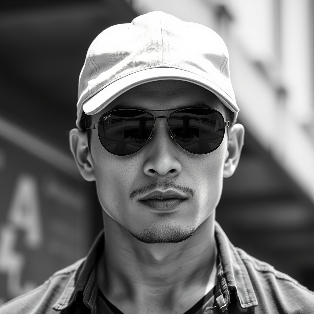 A cool black-and-white image of a man around 35 years old, upper body only, wearing a baseball cap, Chinese, with black aviator sunglasses, a bit of stubble, tough demeanor, shirt, with a full and chiseled face, strong physique, and clean, fresh skin.