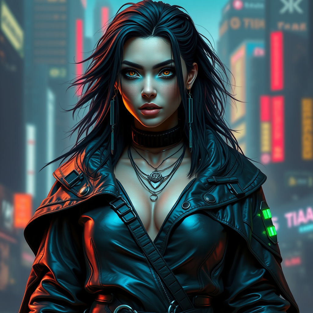 Cyber style of a woman warrior with rugged black hair and cybernetic implants | merging leather garments with futuristic cyberpunk elements | flowing robes and high-tech armor plating | dystopian cityscape background | in deep blue and neon green. hyper-real, 8k, AR, cute face style, no up.