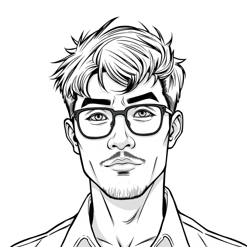 A cool line drawing of a man around 35 years old, with short and tidy hair, a robust physique, Chinese, wearing framed eyeglasses, a slightly short beard on his chin, dressed in a shirt, exuding a slightly rogue charm, with a face that has defined lines and fullness.