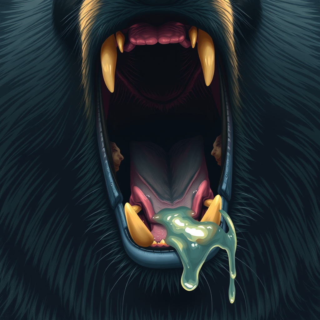 'Furry art style depicting the details of a black bear's mouth while it is hunting, details of the throat, the throat area should be bright, details of the teeth, details of saliva.'