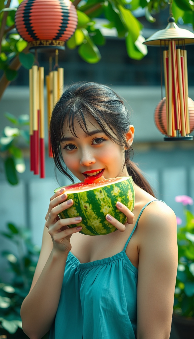 "Summer scenery in Japan
A beautiful woman eating watermelon deliciously, wind chimes, camisole, Japanese idol,
nostalgic, photo-realistic, RAW, HD, 8K" - Image