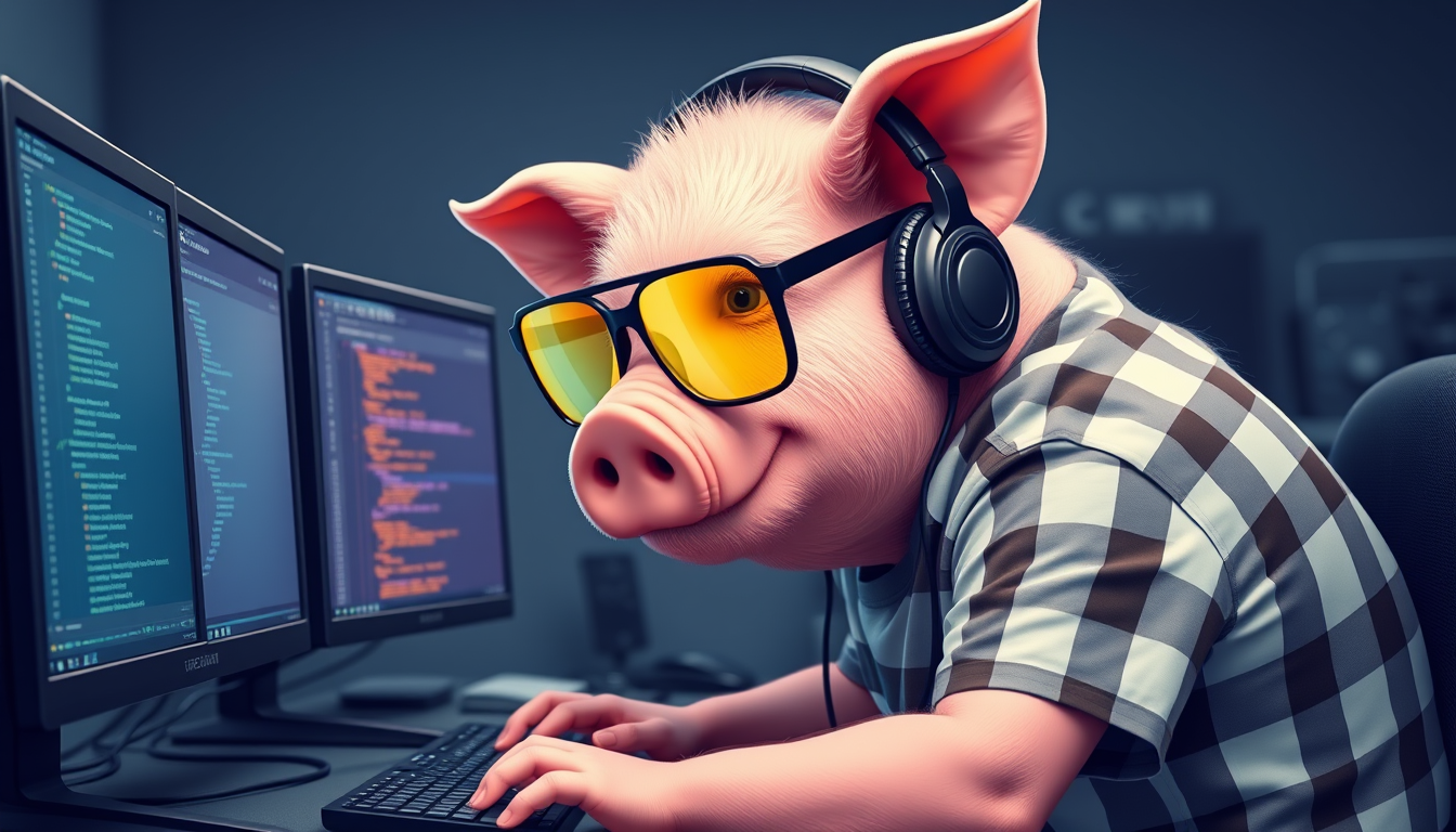 A tech-savvy porcine coder, donning yellow-tinted glasses and sleek noise-cancelling headphones, hunches over a cutting-edge multi-monitor setup. The anthropomorphic pig exudes focus, typing furiously. Wearing a plaid t-shirt. - Image