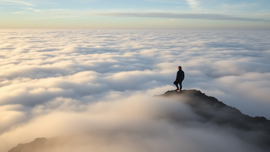 the sea of clouds, by Carlo Mense, art photography, shutterstock contest winner, walking above the clouds and fog, wanderer above the sea of fog, among the clouds, rise above clouds, upon the clouds,