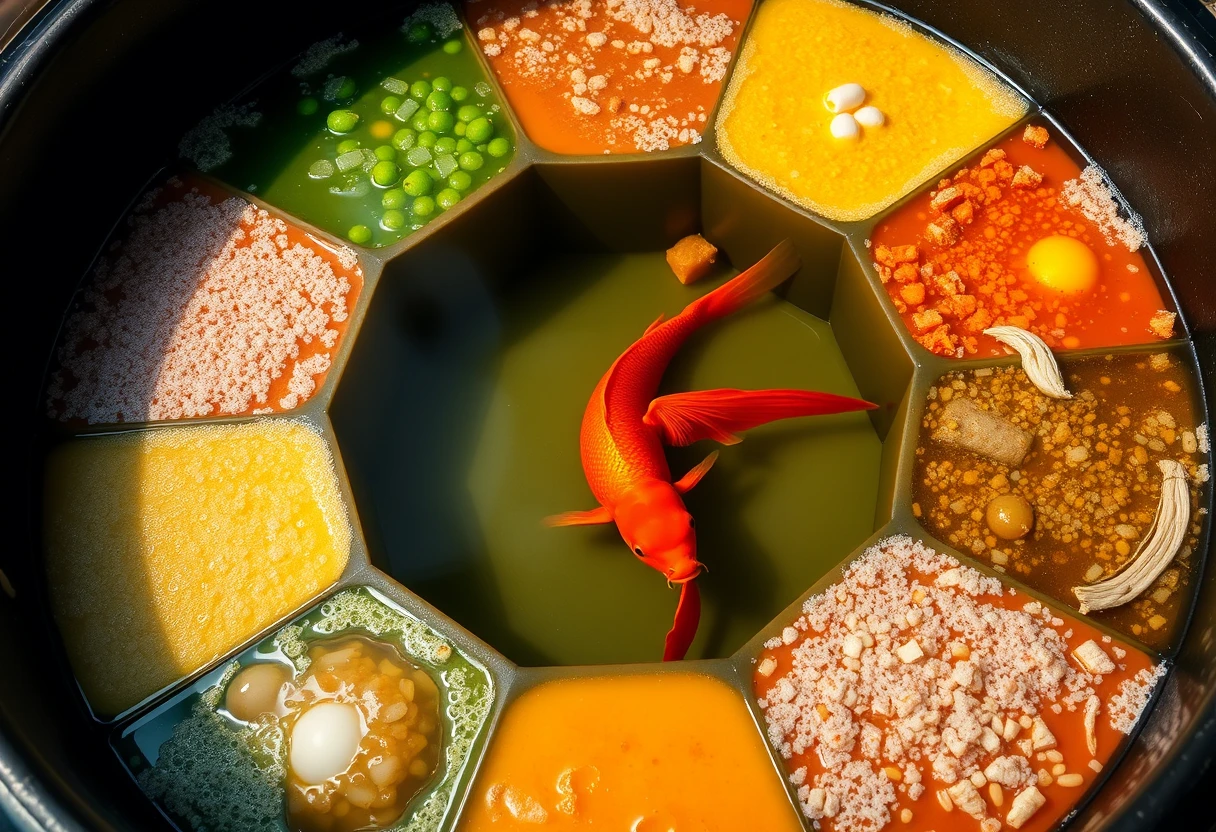 From a 45-degree angle above, a large circular hotpot is viewed with a grid of nine sections, each with a different color, all boiling and bubbling with various ingredients. Only the middle section contains clear water, where a red goldfish and a yellow alligator swim.