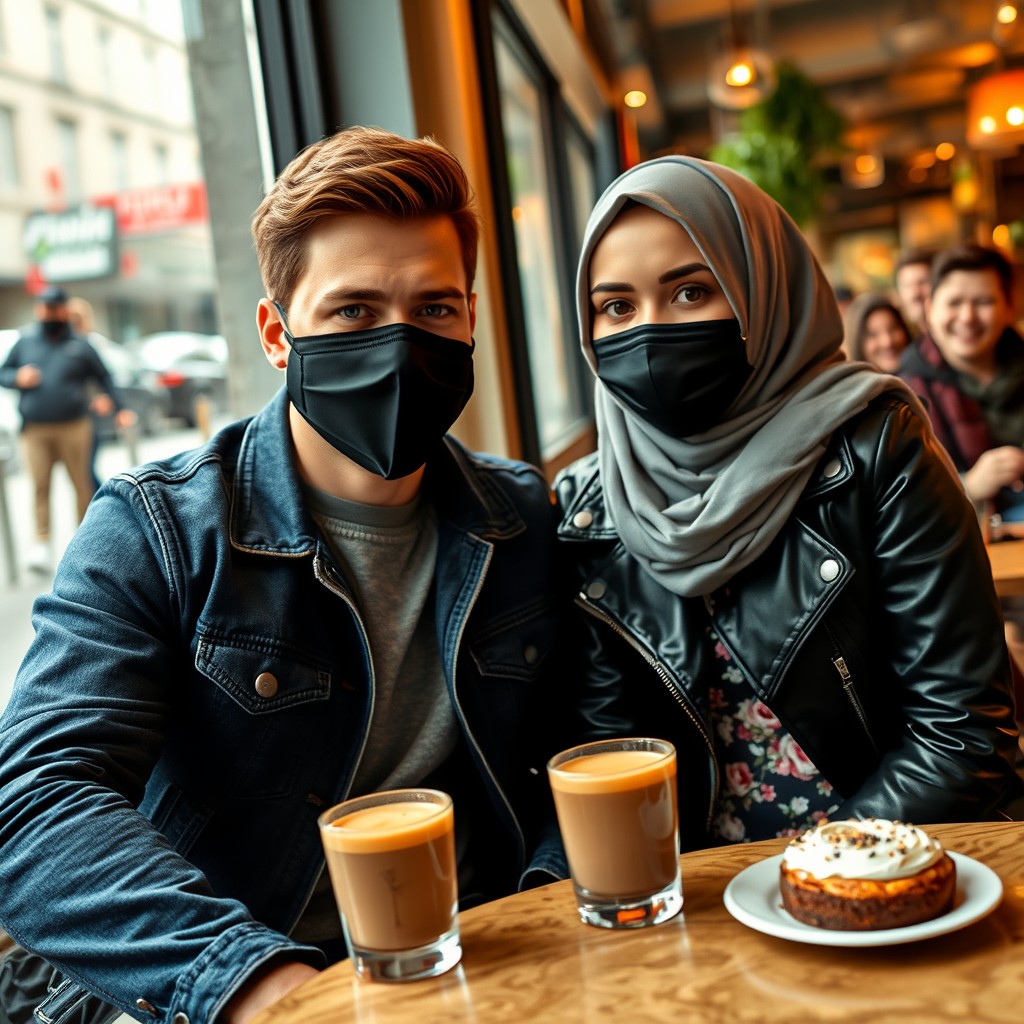 Jamie Dornan's head and body shot, handsome, face mask black, blue jeans jacket, jeans, dating love with a grey hijab Muslim girl, beautiful eyes, face mask black, black leather jacket, biggest floral skirt, at a cafe, 2 cups of latte, muffin cake, choco donut on a table, with another 4 friends smiling in the background, photorealistic, hyper-realistic, street photography, selfie.