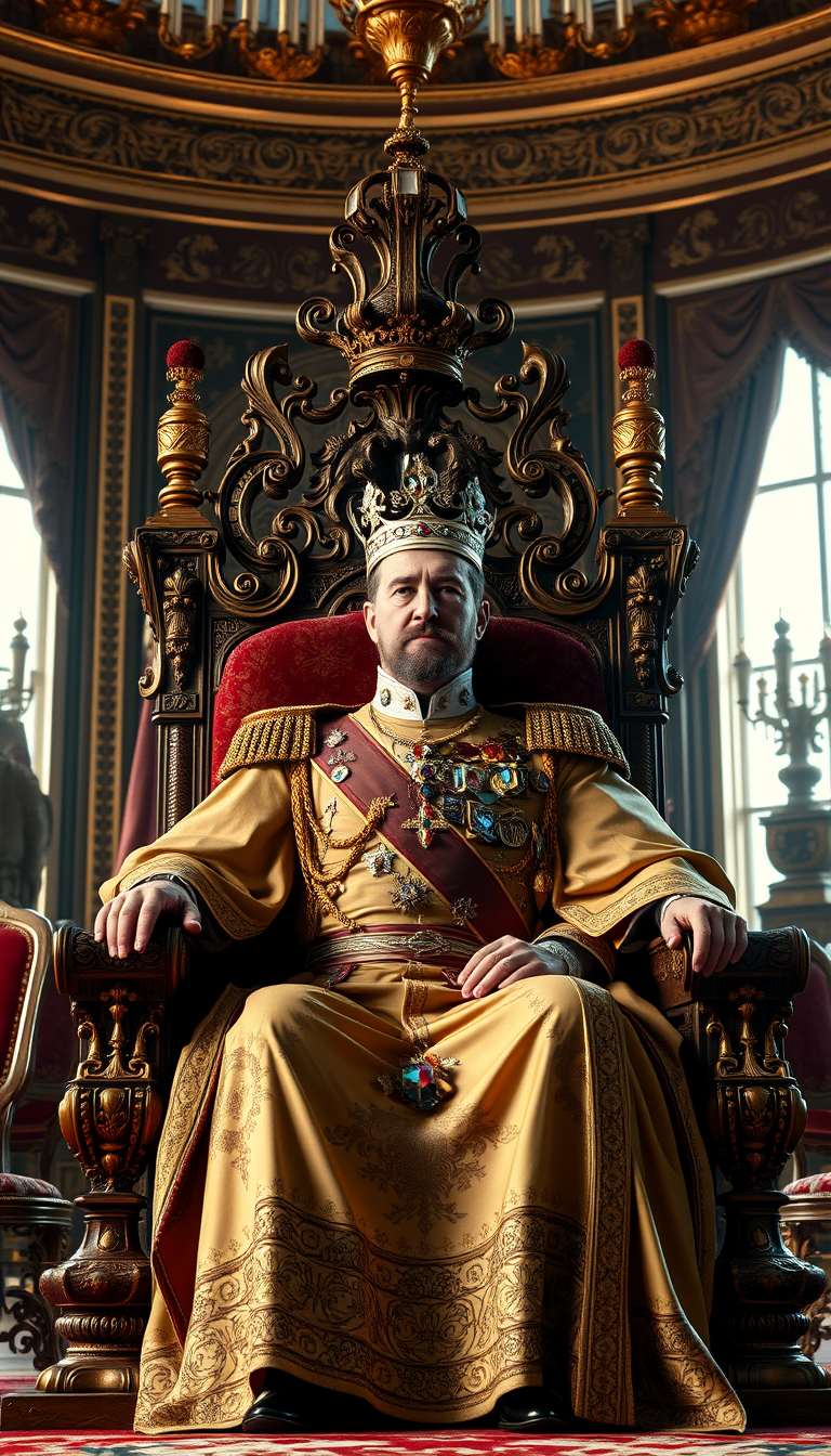 Main Character: Tsar Nicholas II of Russia, seated upon his opulent throne. He is dressed in full royal regalia, including elaborate robes adorned with jewels and embroidery, and a crown rests upon his head. His expression is stoic and regal, his posture upright and commanding, reflecting his authority and power.  
Background: The grand throne room of a Russian palace, richly decorated with ornate furnishings, tapestries, and gilded details. The throne itself is a masterpiece of craftsmanship, intricately carved and adorned with precious gems. Large windows allow natural light to flood the room, illuminating the scene and highlighting the richness of the surroundings.  
Visual Style: The visual style should mimic professional, cinematic photography, with a focus on sharp detail, realistic textures, and a deep, rich color palette. The image should evoke a sense of historical grandeur and convey the immense power and opulence of the Russian monarchy. Think of the rich, detailed style of classical paintings. The overall tone should be regal and imposing, with a focus on the Tsar as the central figure of power and authority. - Image