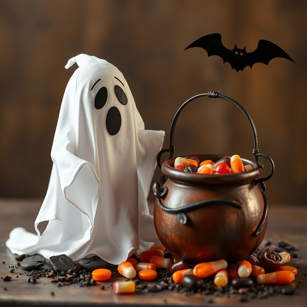 Spooky Halloween Ghost and Candy Cauldron