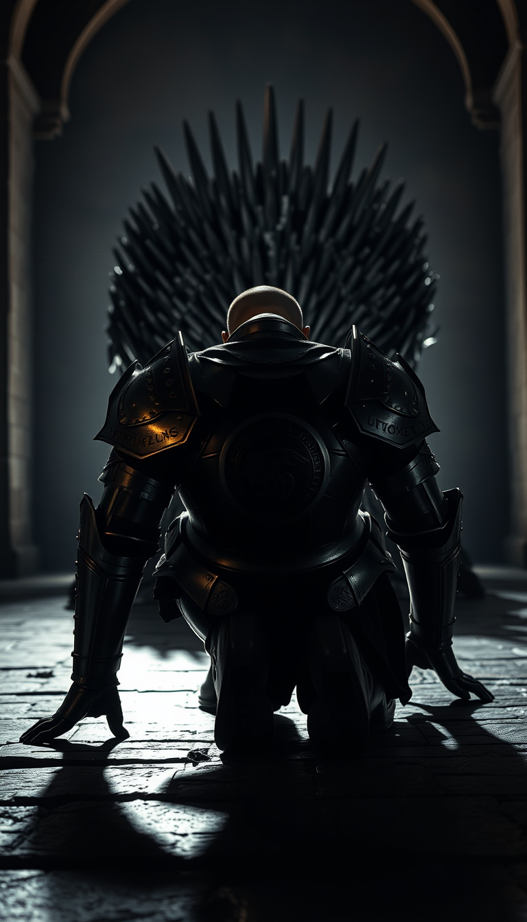 Subject: A handsome and muscular king in full plate armor, positioned on all fours facing the Iron Throne (which is to the back of the shot and not the focus), his head bowed to the ground in prayer.  
Lighting: Dramatic chiaroscuro lighting, with a single light source illuminating the king from behind, casting long shadows that stretch towards the Iron Throne. The scene should have an overall somber and reverent mood.  
Background: The Iron Throne should be slightly out of focus in the background, hinting at its presence and power but not distracting from the king in the foreground. The setting should be a dimly lit, vast hall with stone walls and high, vaulted ceilings, conveying the grandeur and solemnity of the location.  
Details: The king's armor should be highly detailed, showcasing the craftsmanship of the era, with intricate engravings and perhaps some battle damage to hint at his experiences. Focus on the texture of the cold, hard metal against the rough stone floor.  
Composition: The camera angle should be low, looking up at the king to emphasize his vulnerability and submission despite his powerful physique and position.  
Overall Style: Aim for a hyperrealistic, cinematic style, reminiscent of historical epics. The image should feel grounded and authentic, capturing the weight and texture of the scene.