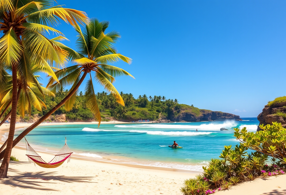 Golden, sandy beaches, turquoise waters, palm trees, exotic, tropical paradise, high quality, clear blue sky, pristine, seashells, hammock, peaceful, tranquil, vacation getaway, coastal surfing, breaking waves, surfers, vibrant, energetic, sunshine, sand dunes, coastal cliffs. - Image