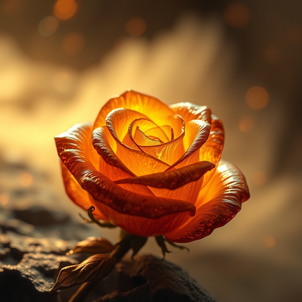 Dreamscape realistic breathtaking, a lonely beautiful rose fossil rose made of amber, atmospheric, sparkly, incredible, dreamy, magical, backlit, award winning, intricate details, ultra details, realistic, professional, highly detailed, super sharp, close up, fantastical, enchanting, storybook style, golden hour light. Surreal, ethereal, dreamy, mysterious, fantasy, highly detailed. - Image