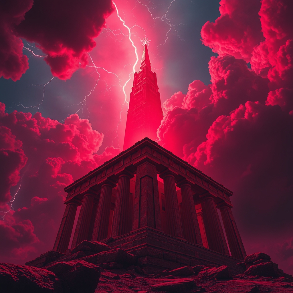 by Philippe Caza, by Bastien Lecouffe-Deharme, by __photographers__, red, coral, crimson, maroon, burgundy, (the towering temple of the gods:1.4), anime, highly detailed and hyper surrealistic, perfect composition, harmonic colors, dramatic lighting, neon red sky with heavy clouds, lightning and vibrant energy illuminates the sky, low angle panoramic view.