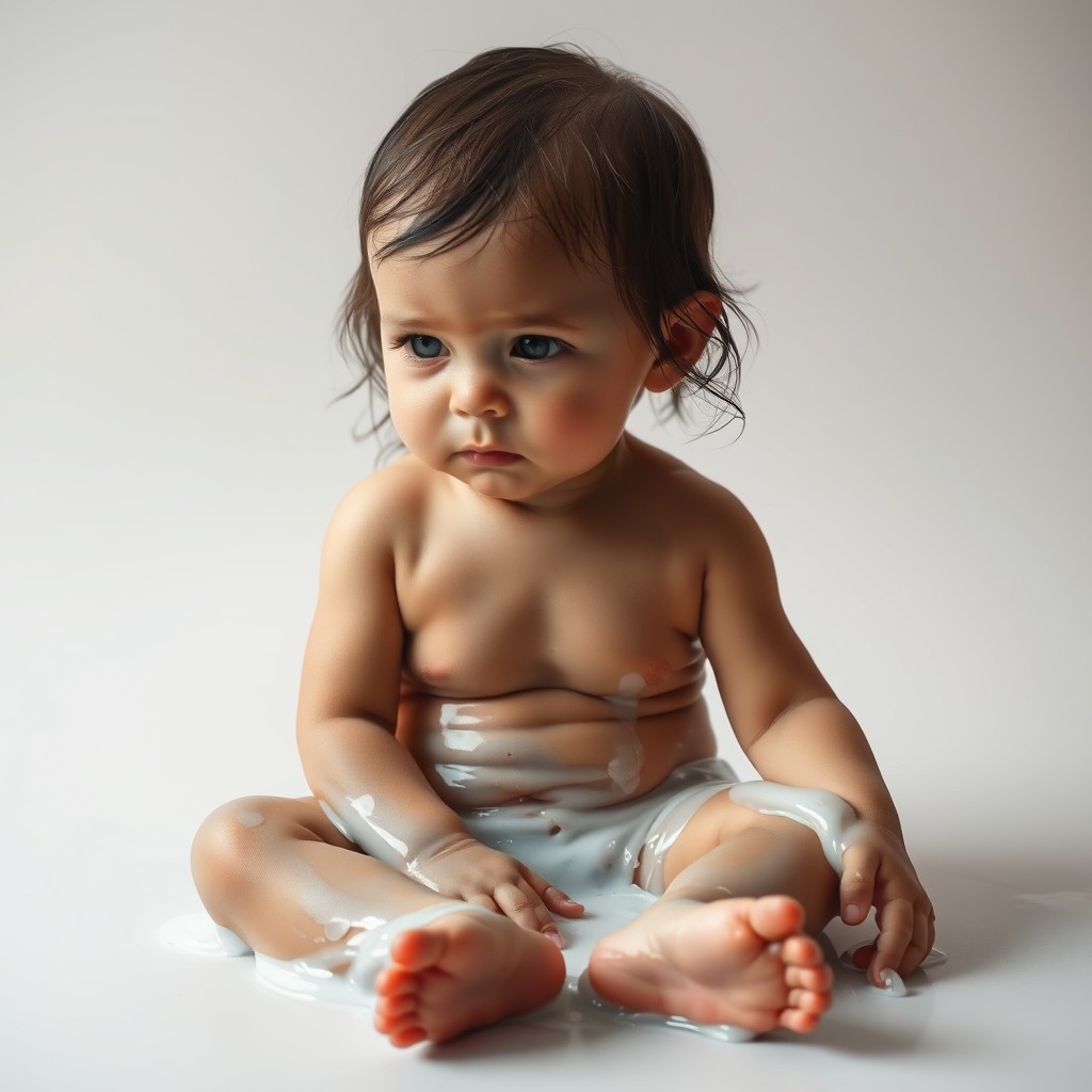 cute little girl with wet oily skin sitting with her legs spread covered in translucent white liquid