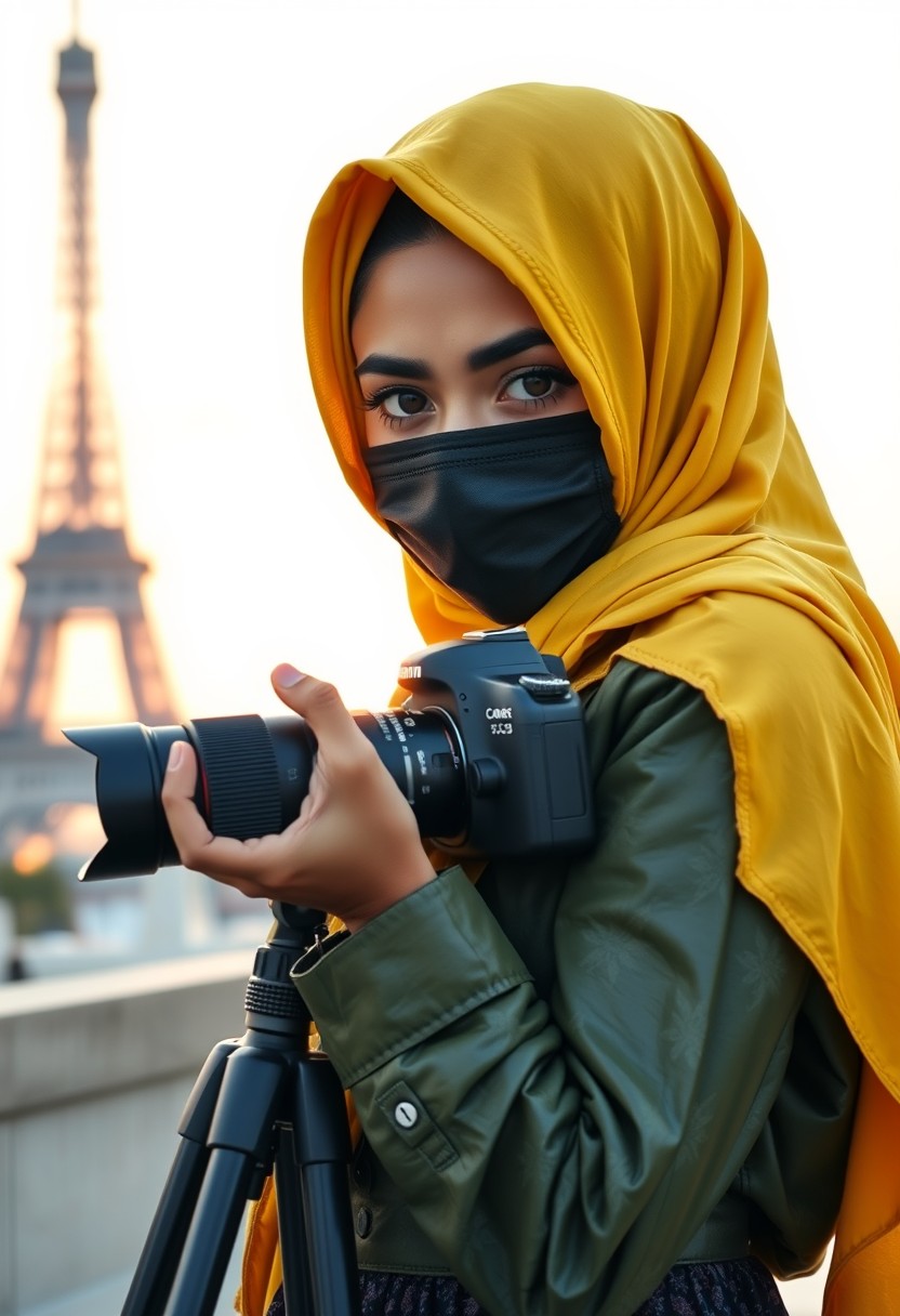 Biggest hijab yellow Muslim girl, beautiful eyes, face mask black, green army leather jacket pattern, biggest skirt, camera dslr canon, tripod, taking photos of Eiffel Tower, sunrise, morning scenery, hyper realistic, street photography.