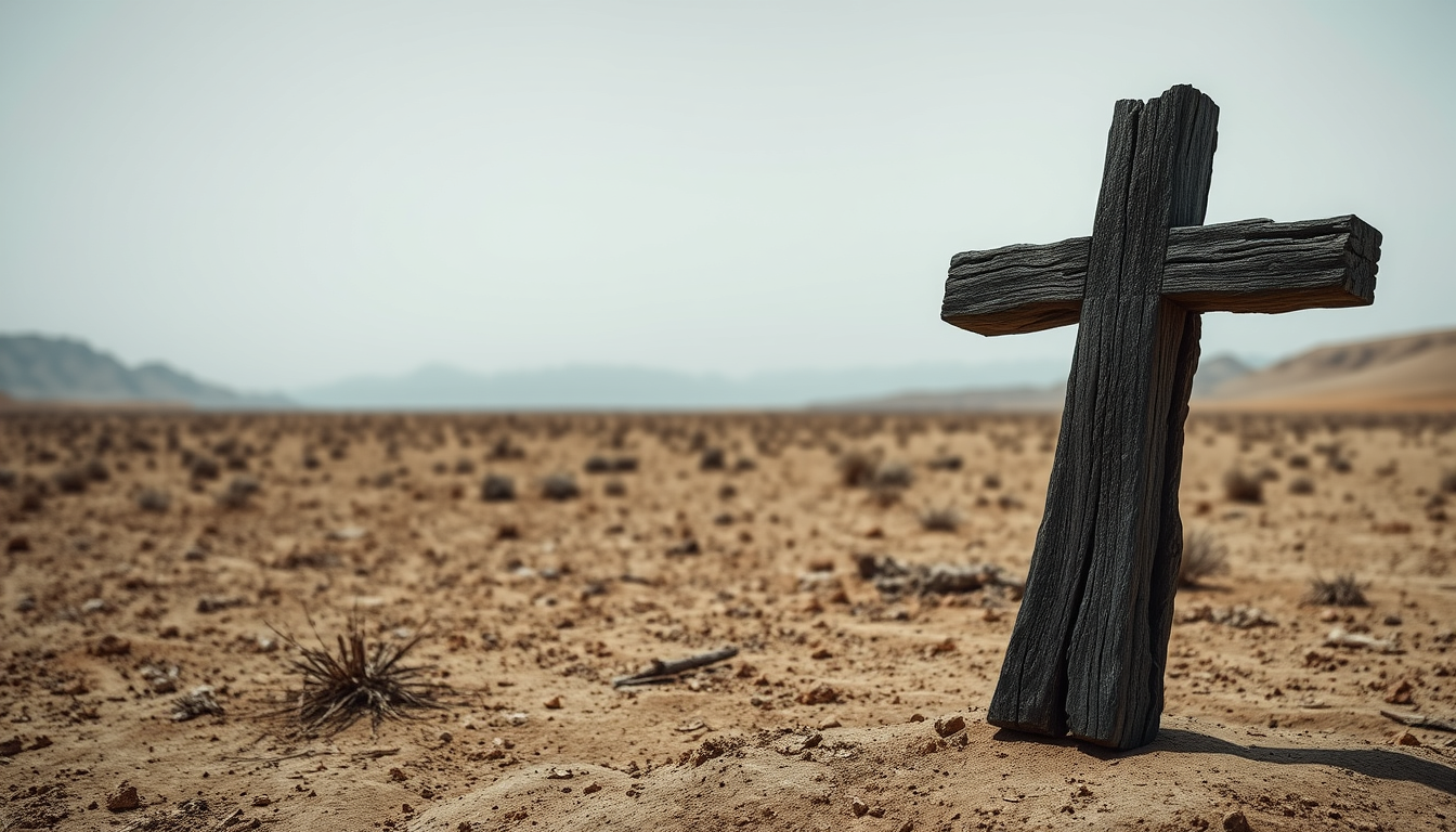 An old dilapidated wooden cross in the middle of a barren desert landscape. The cross is made of dark wood and appears to be old and weathered, with a rough texture and deep grooves. The surface of the wood is rough and uneven, with some areas of the surface appearing darker and more jagged. It is standing upright on the right side of the image. The overall scene is desolate.