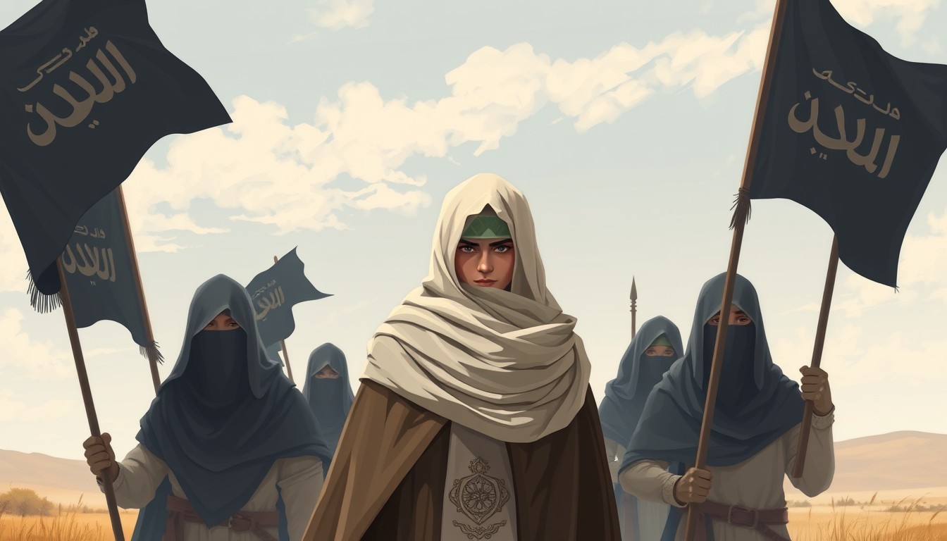 Full-view minimal illustration of a young Muslim commander wearing a modest cloak-turban with scarf hood clothes standing behind the great Muslim warriors with a leader expression. The medieval Muslim warriors are covering veils and holding black shahada banners, guarding him in an open land. Alpha, acrylic paint shader, dynamic illustration. - Image