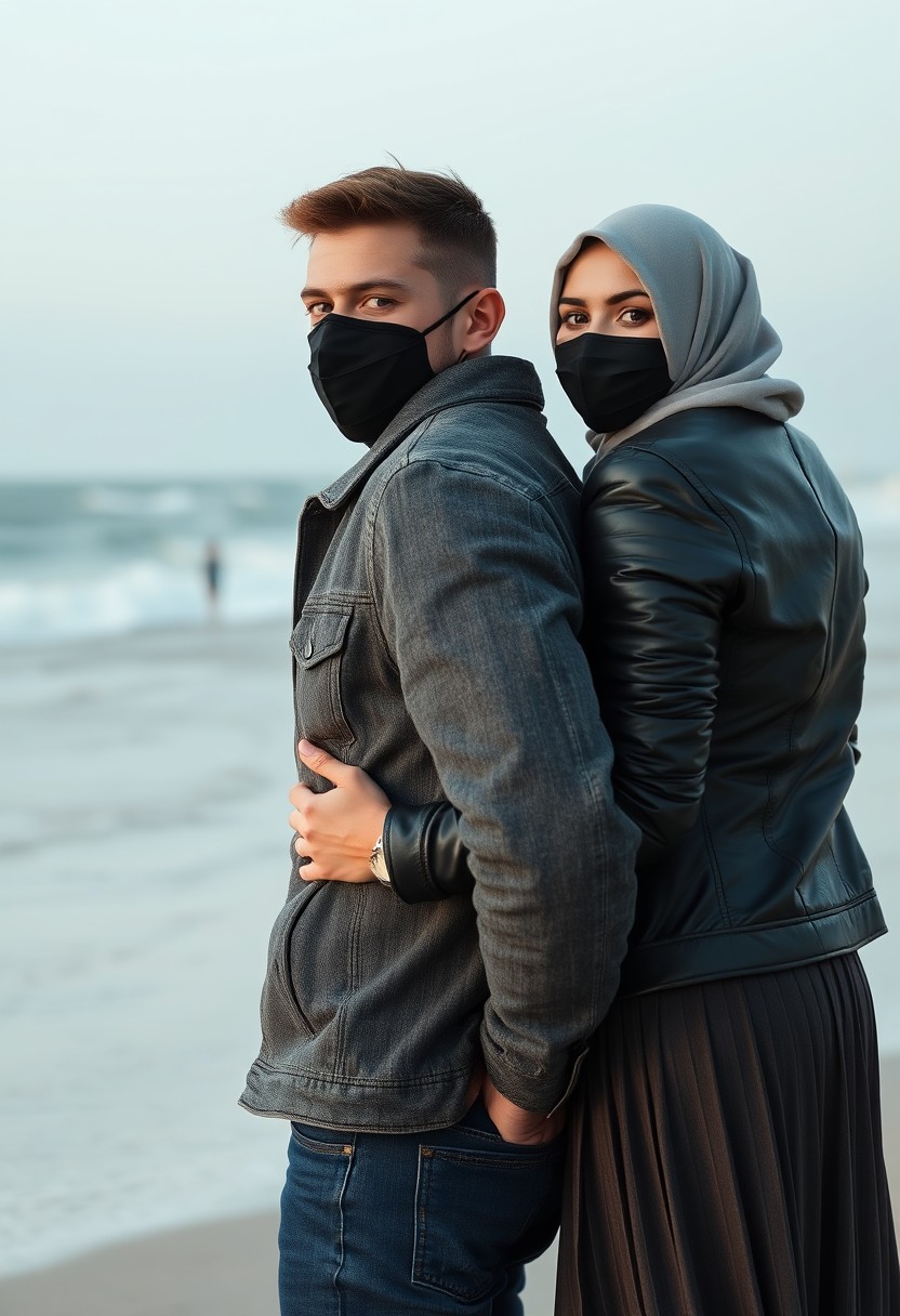 Jamie Dornan's head and body shot, handsome, black face mask, jeans jacket, jeans, dating, love couple, hugging from behind, with the biggest grey hijab Muslim girl, black face mask, beautiful eyes, black leather jacket, largest skirt, at the beach, hyper-realistic, street photography, selfie. - Image