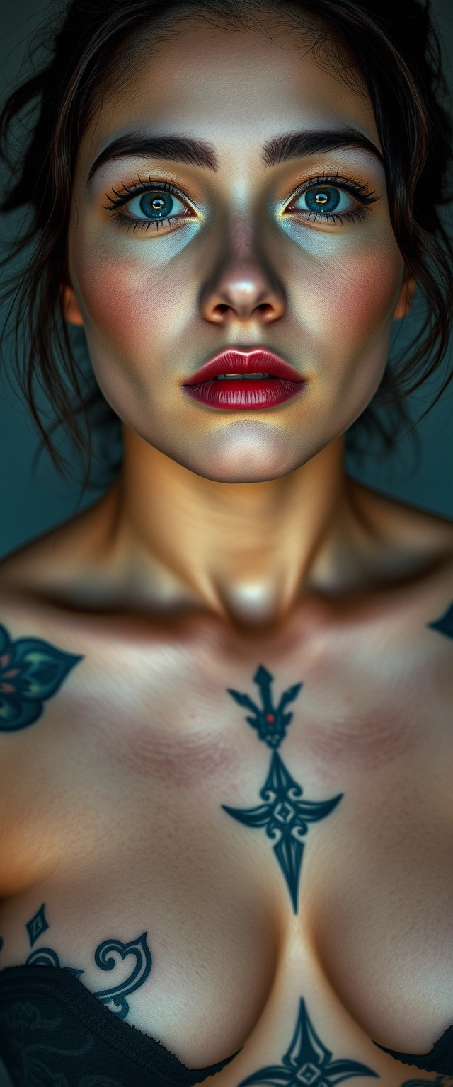 Chest to face shot of tattooed white-skinned muscular Korean Indian women with beautiful facial features and blue eyes looking up. - Image