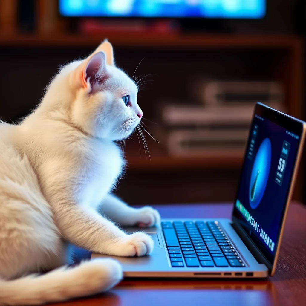 A white cat is using a laptop to go online.