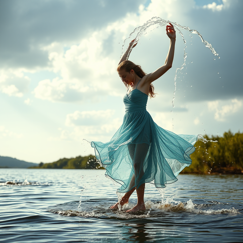 Riverside, a dancing woman wearing a dress made of water, side view, full body view, strong light falls on her, water pours from the sky.