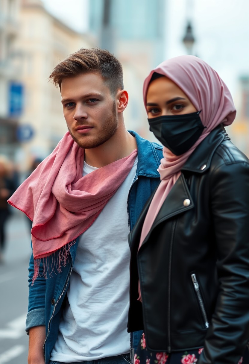 Jamie Dornan's face, hair, and body shot, handsome, young, shaved, white T-shirt, blue jacket, jeans, dating love with the biggest soft pink hijab, black leather jacket, face mask black, biggest floral skirt, hyper-realistic, street photography.