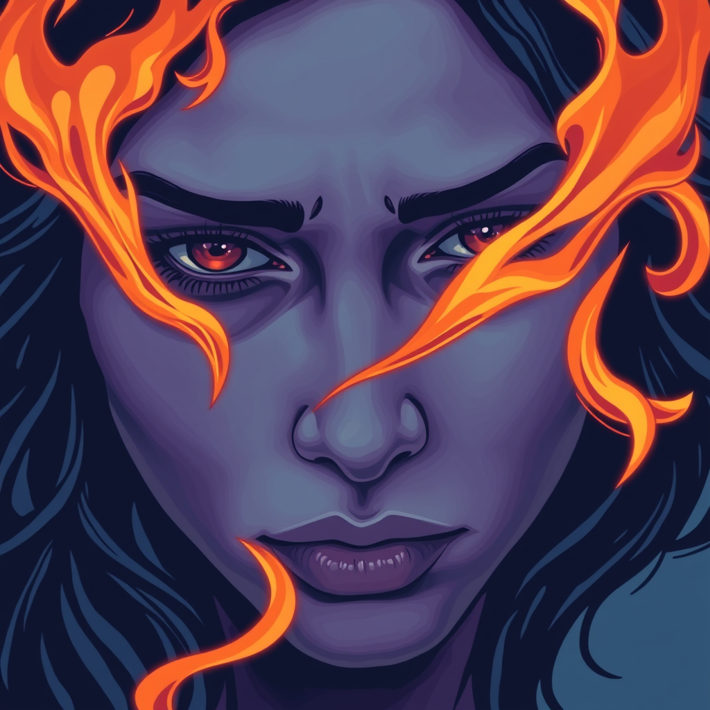 A tee shirt design of a close-up of a woman's face, inspired by the sun. Her expression is deep and soulful, reflecting both passion and sadness. Her eyes are intense and filled with emotion. The color palette is cool, featuring deep blues and purples, with a hint of warmth in her eyes. Whipping flames accent her face, blending seamlessly into the background, creating a contrast between the cool and warm tones. The overall feel is a harmonious blend of passion and melancholy, embodying the soulful essence of the sun. Transparent background.