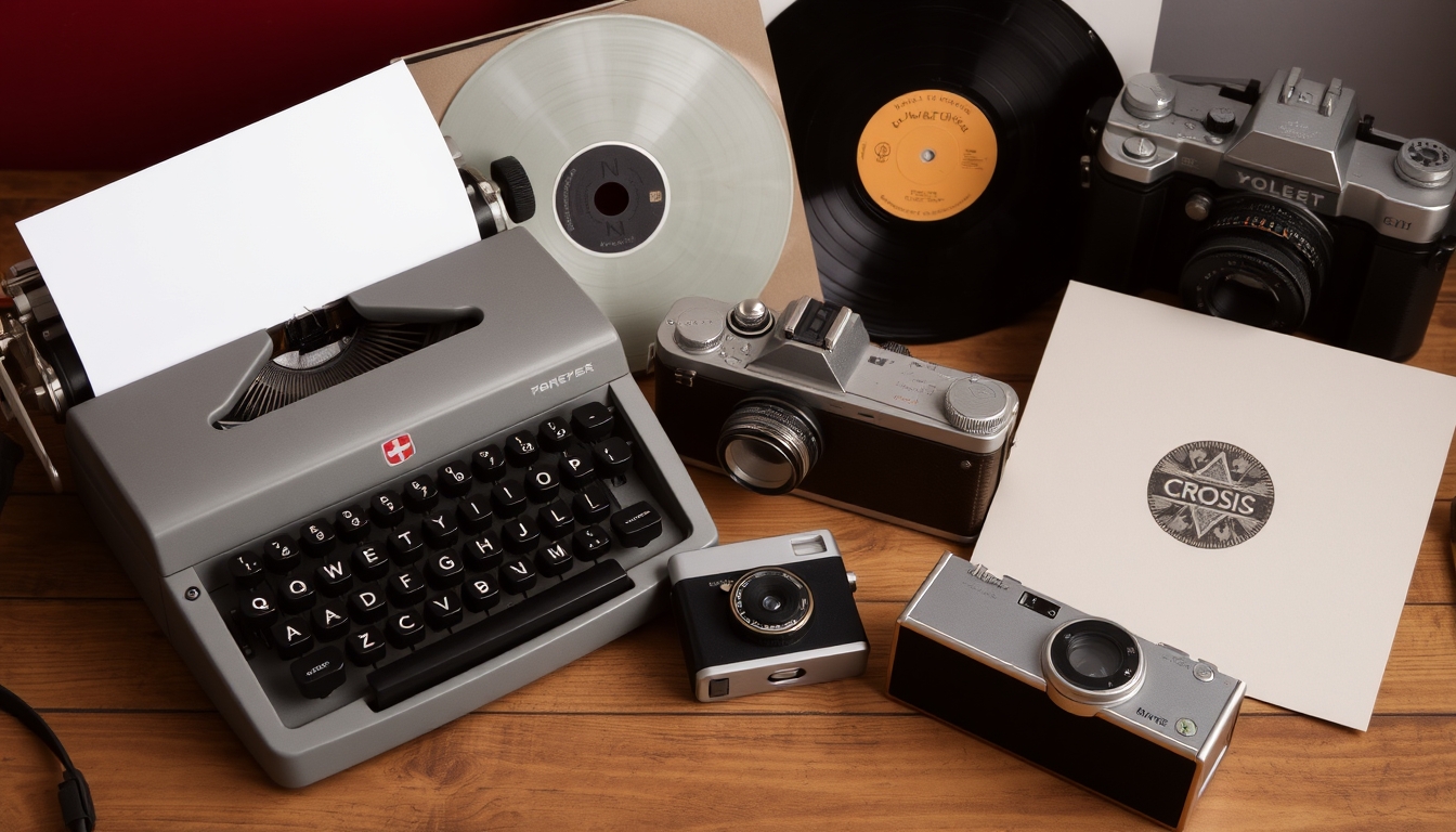 A nostalgic still life of old-fashioned items like a typewriter, vinyl records, and vintage cameras, arranged artfully on a wooden surface.