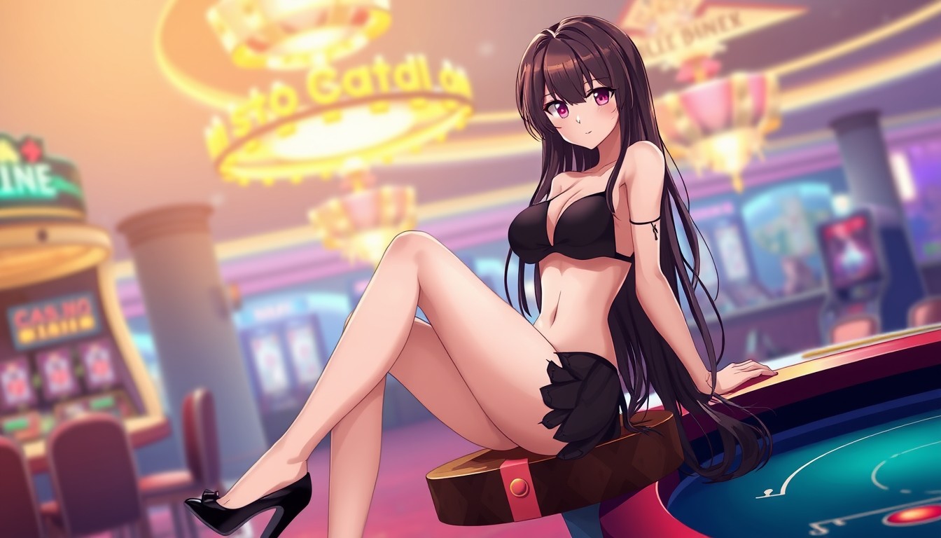 Anime style, a beautiful long-haired brunette girl wearing a black bikini, sitting with her legs crossed, high heels at a casino.