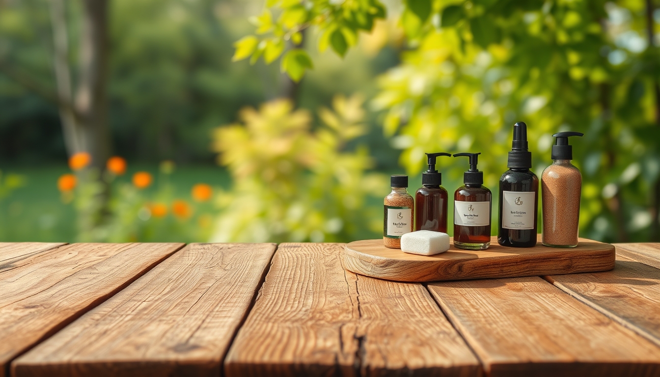 Brown wooden table with nature background for product display