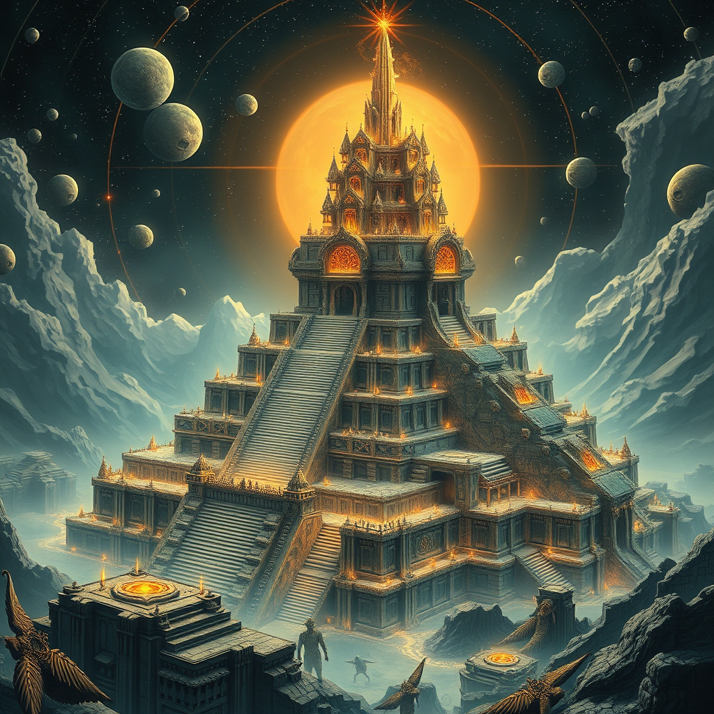 Hyperrealistic Zentanglepunk intricate glowing huge 3D sci-fi alien megapolis bursting out from half-destroyed Mayan pyramids: Magical sci-fi world. Zentangle patterns around, detailed alien background. Toothy starry Abyss behind.