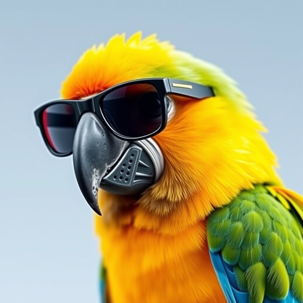 Parrot wearing sunglasses animal bird portrait.